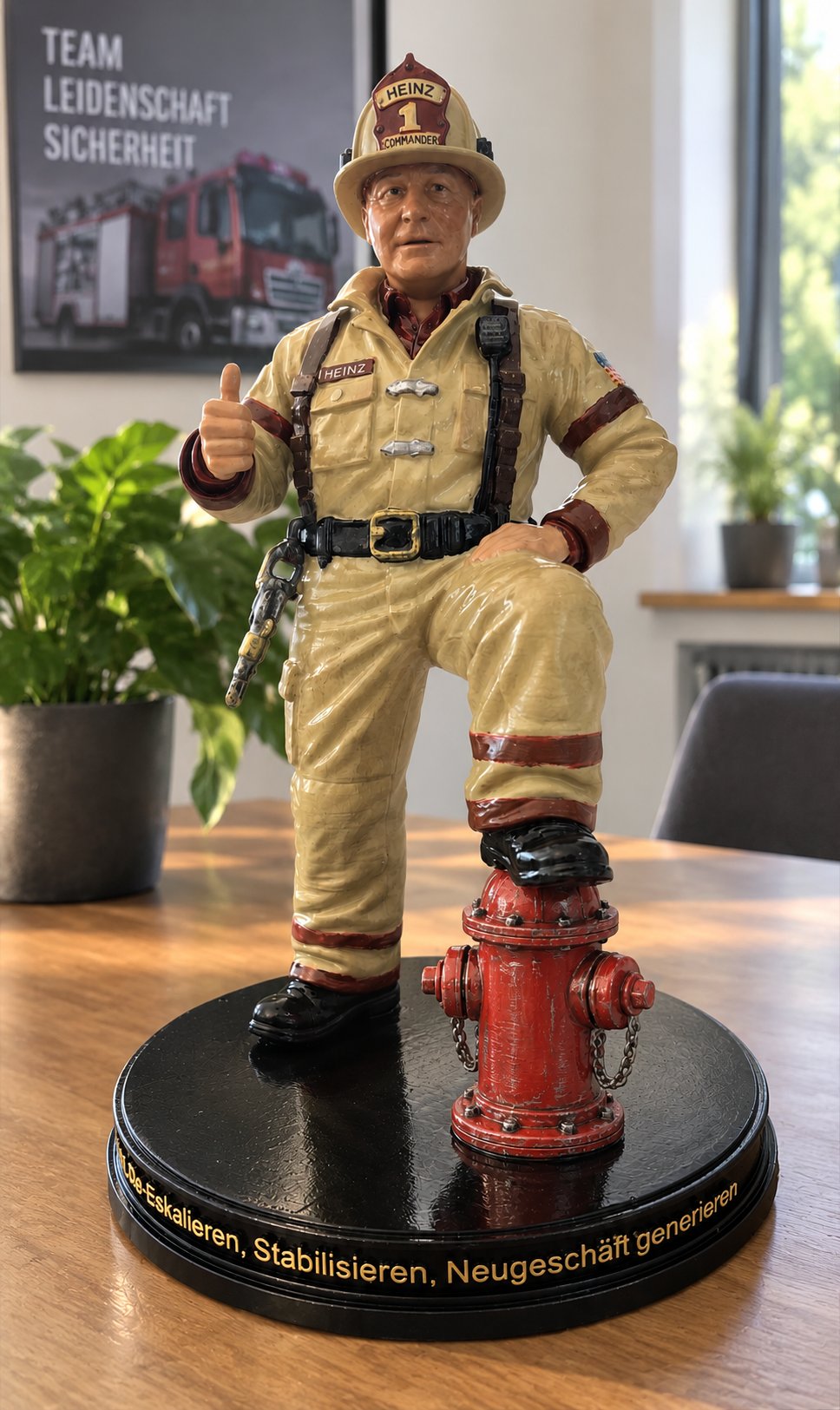 Handbemalte Figur eines Feuerwehrmanns namens Heinz als Einzelstück auf Sockel